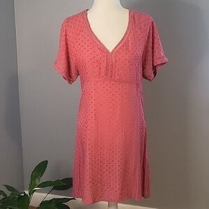 Sun Valley Pink Dotted Swiss Short Sleeve Silver Threading Pullover Dress Sz XS